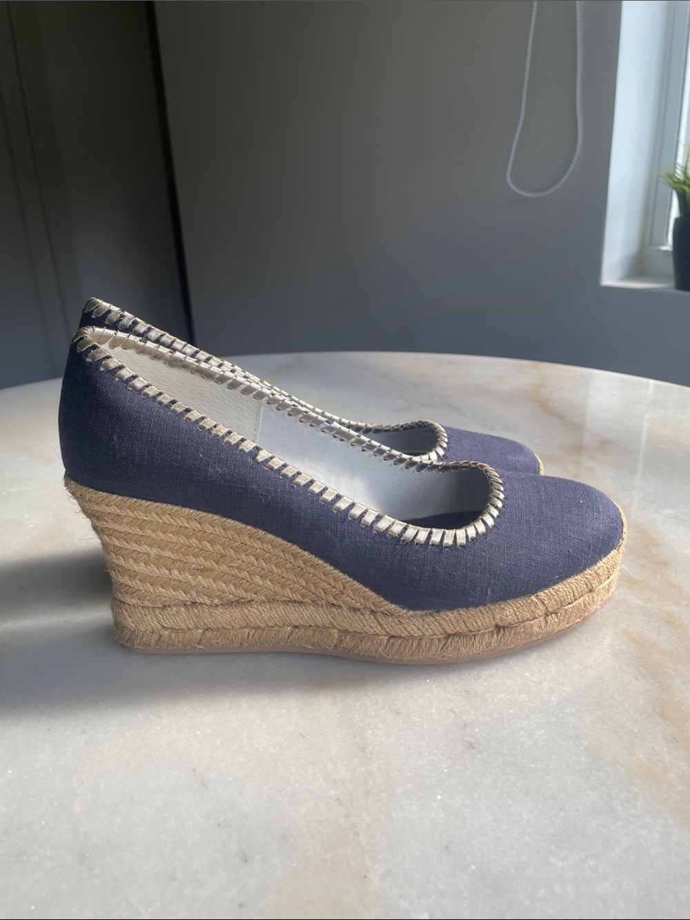Jack Rogers Navy Canvas Espadrille Wedge with Gold Stitching